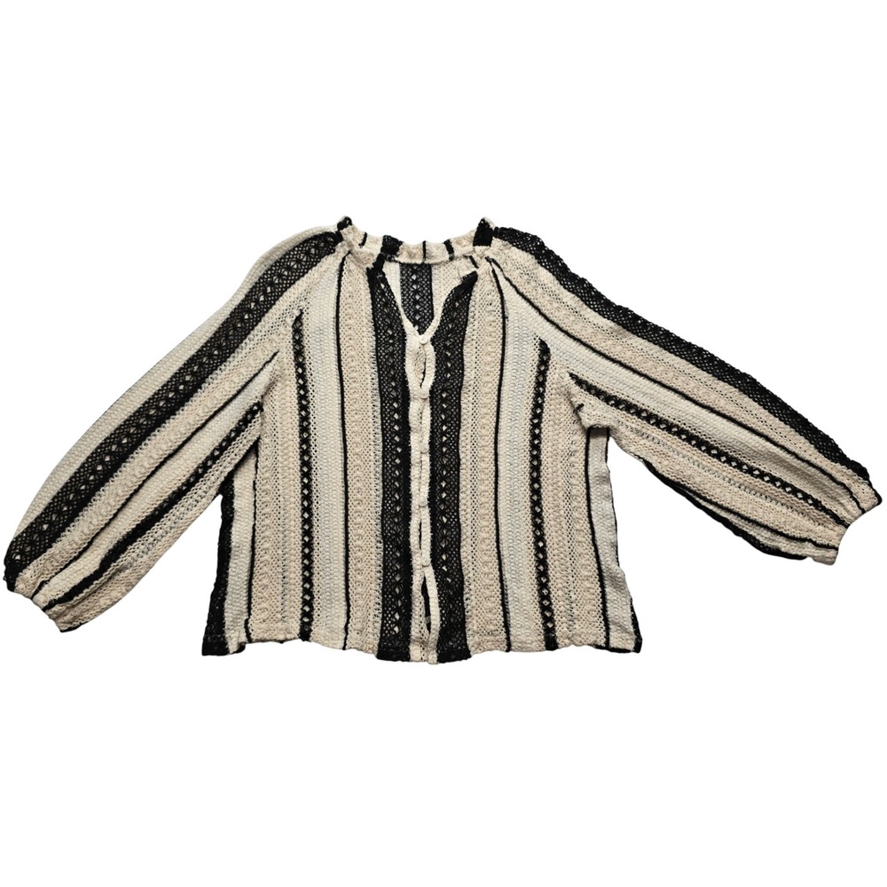 Boho Mixed Knit‎ Cardigan Open Knit Striped Black Cream Women's XL